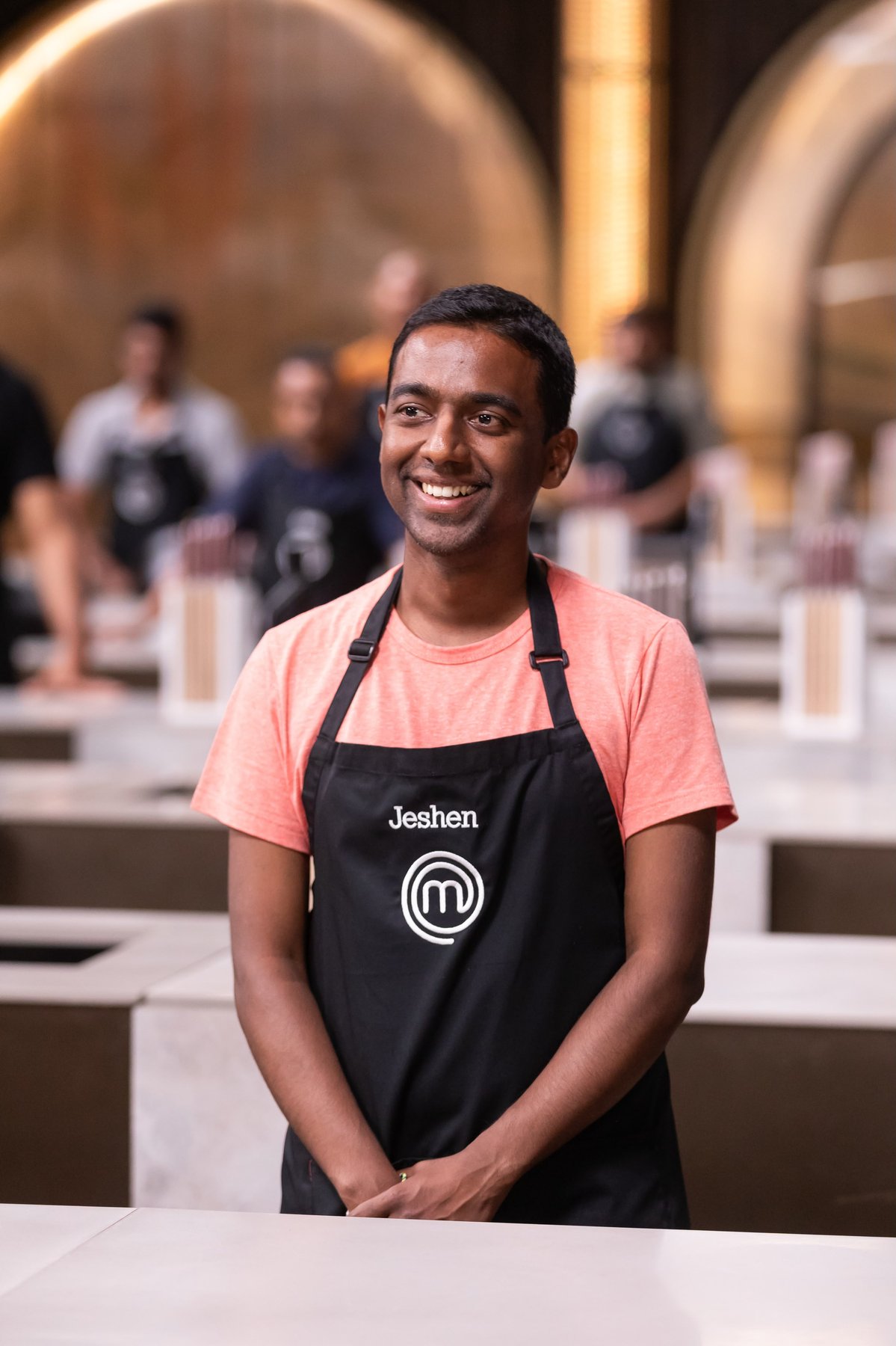 Editorial portrait of Jeshen Govender in the MasterChef kitchen